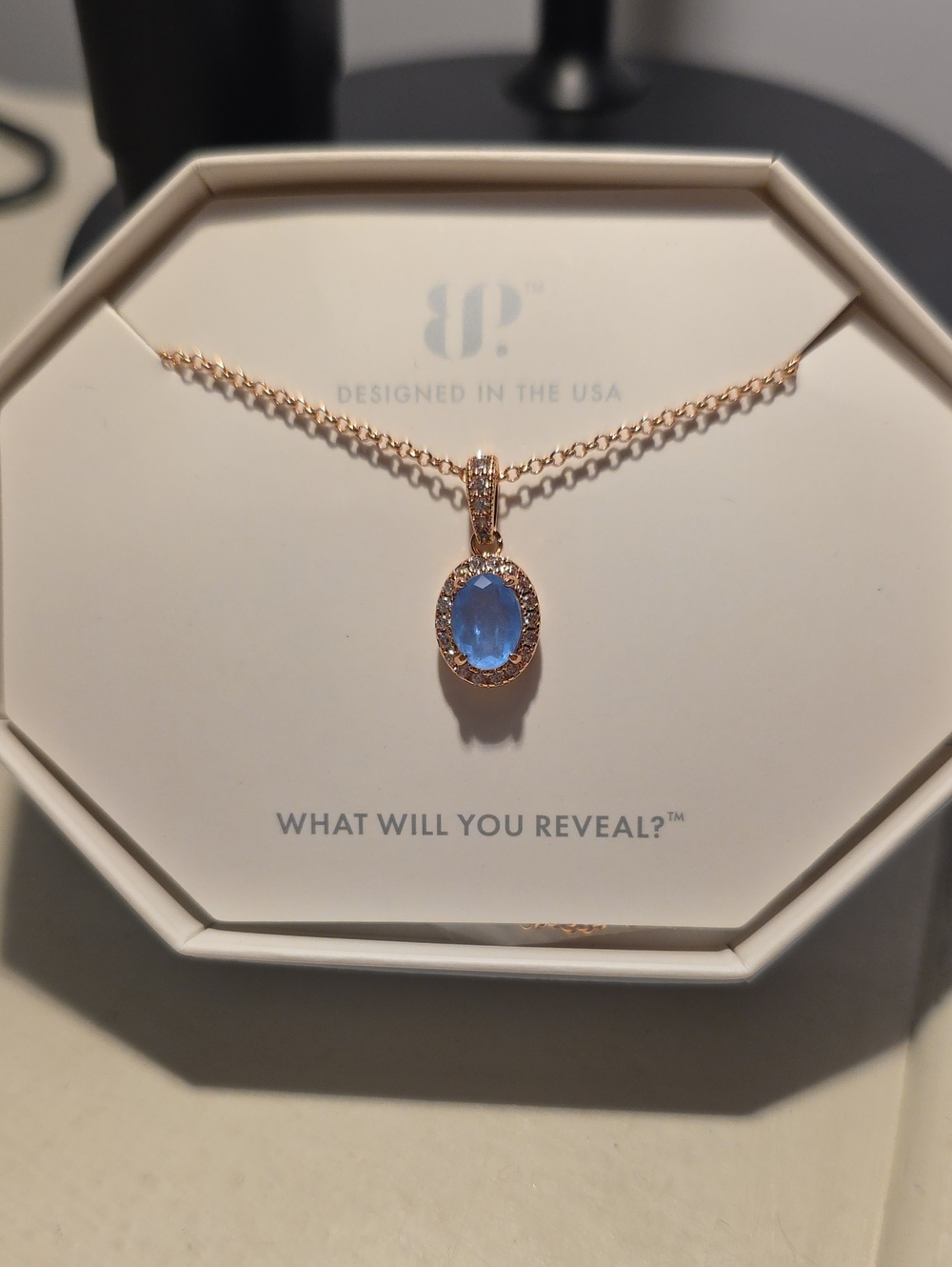 Rose Gold Necklace with Blue Oval Crystal Halo Pendant
